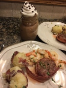 I cooked a homemade Valentine's dinner for us! Surf and turf with red parsley potatoes and chocolate mousse with whip cream for dessert!